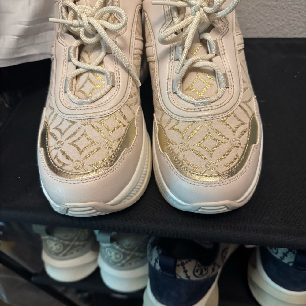 Michael Kors Cream and Gold Patterned Sneakers. No inserts. Decent condition.